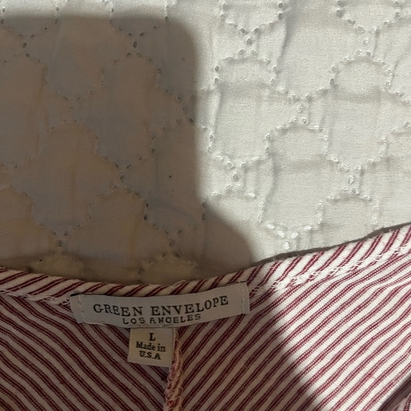 Green Envelope Red and White Striped Button-Down Top with tie in front - Picture 4 of 5